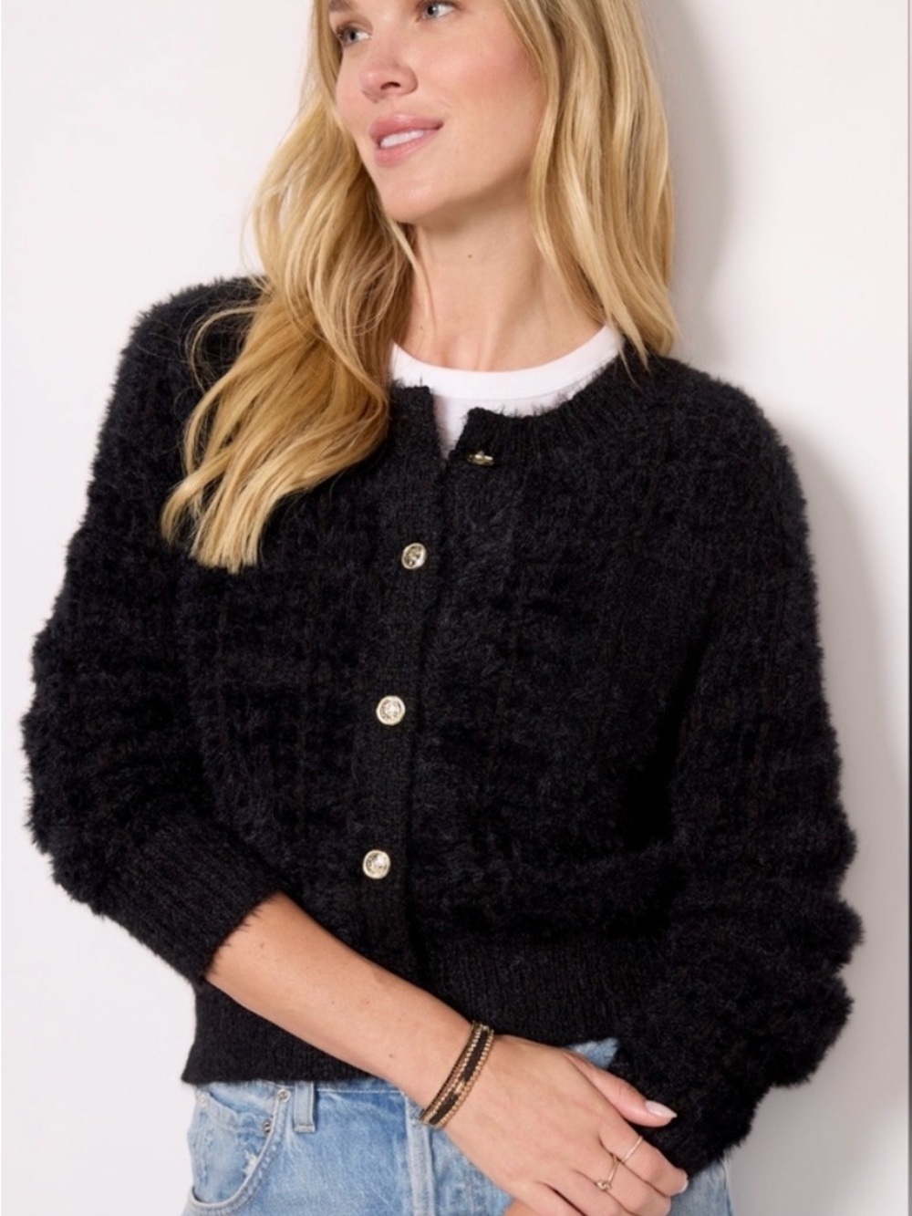 EVEREVE Black Fuzzy Cardigan Jacket Gold Crest Buttons Cropped Sweater S